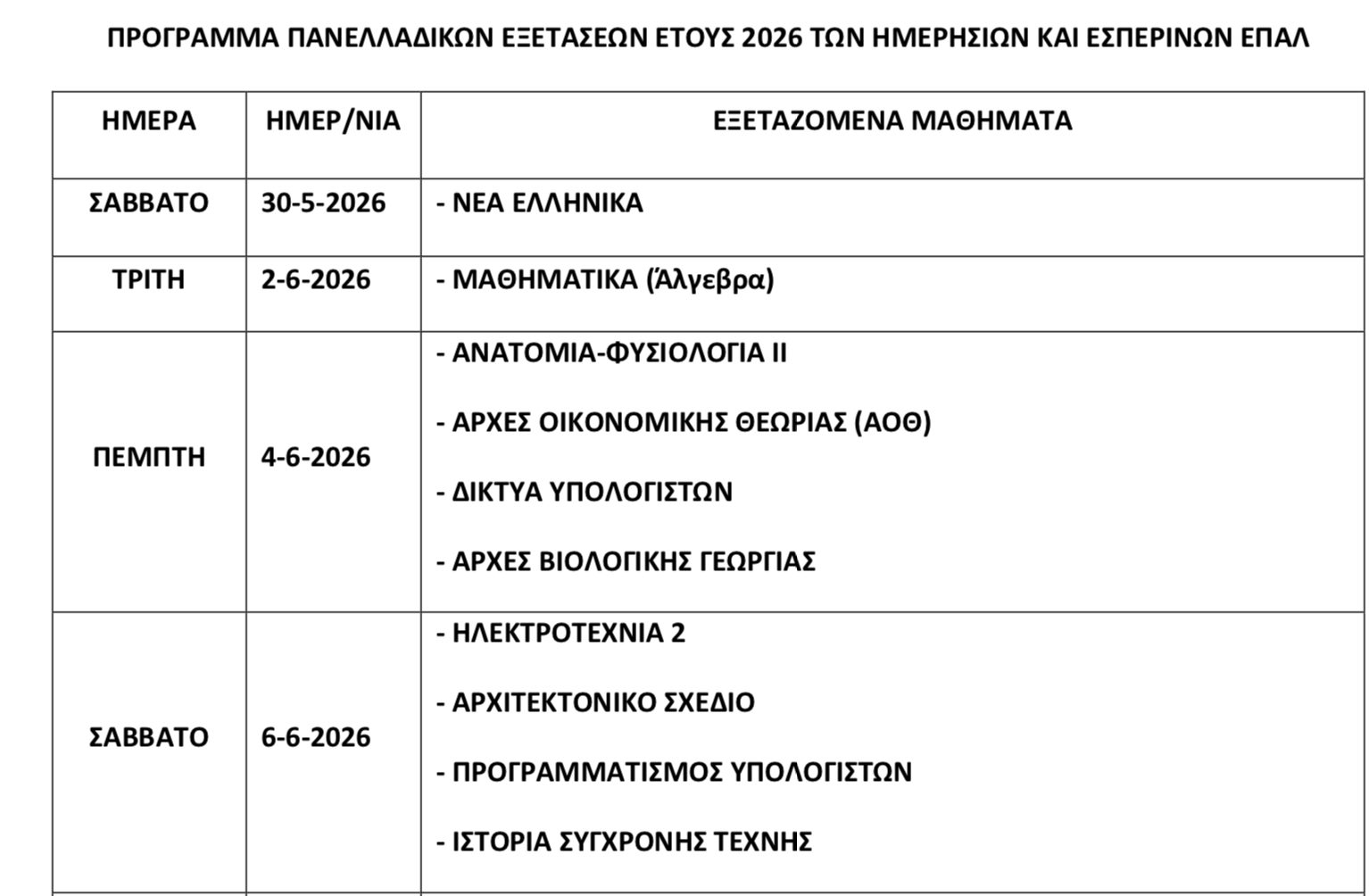 πρόγραμμα ΕΠΑΛ για πανελλήνιες 2026, πανελλήνιες 2026 ΕΠΑΛ,